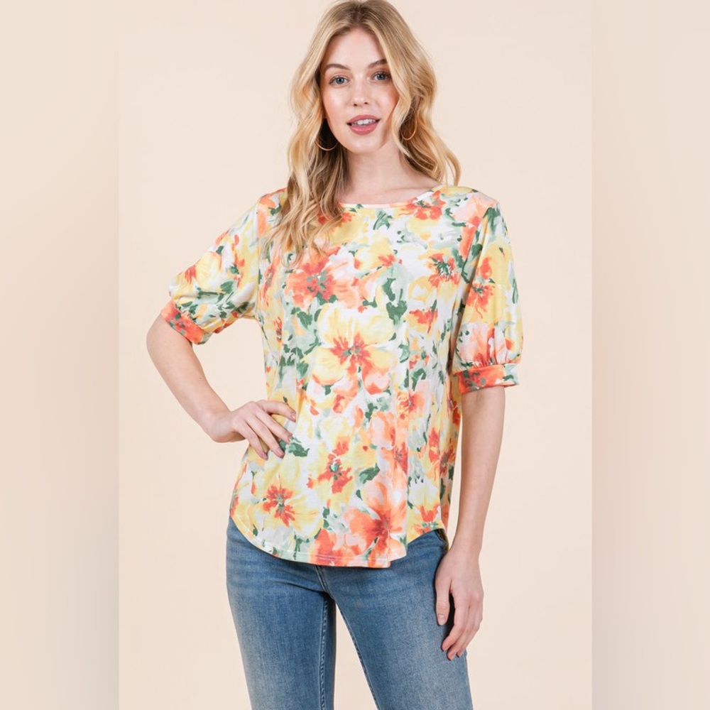 BOMBOM Floral Round Neck Puff Sleeve Top